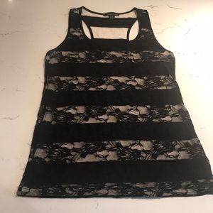 Forever 21 Black & Beige Stripped Floral Lace Tank